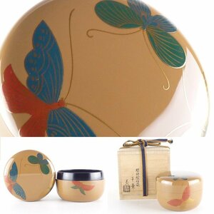 【扇屋】鈴木光入「蝶蒔絵 白漆 平棗」共箱 高さ 約6cm 幅 約8.5cm 木製 棗 茶器 茶壷 香合 茶碗 茶道具 漆器 漆芸 tn6