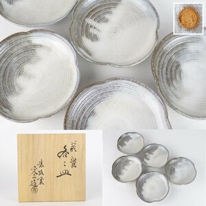 【扇屋】勝坂窯 脇本定三造「萩焼 銘々皿」5客 共箱 高さ 約3.5cm 幅 約13.5cm 小皿