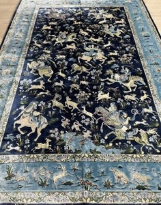 一点のみ　百獣の図　Negin Mashhad Helel工房シルク100％ 最高峰225万ノット　イラン産　手織り 高級ペルシャ絨毯 148×223cm 
