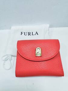 [1 jpy start! beautiful goods ]FURLA Furla bai folding wallet red group red Mini purse three folding lady's used storage bag attaching 