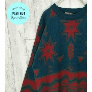 韓国製　幾何学模樣　セーター　ビンテージ古着　アート柄　緑　赤　レトロ　太アーム　#h454