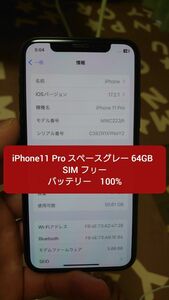 iPhone 11 Pro 64GB スペースグレイ SIMフリー　バッテリー　100%