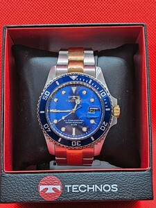  работа товар прекрасный товар Tecnos мужские наручные часы голубой Gold дайвер батарейка заменена! B0691 TECHNOS вращение оправа Tecnos Divers 