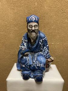 九谷焼 八幡窯 寿老人像 座像 高28.5cm 検)坐像 染付 呉須 陶人形 置物 時代物 縁起物 細密細工 七福神 古美術 九谷八幡窯 古九谷