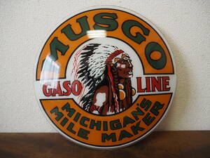  antique [MUSGO GASOLINE gasoline stand ] Vintage miscellaneous goods plastic round shape signboard USA diameter 34cm gas pump 