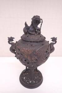 時代物 古銅 鳳凰龍獅子 透かし彫り 金工 獣耳 香炉 高さ約27cm 重さ2488g 仏具 仏教美術 P05046