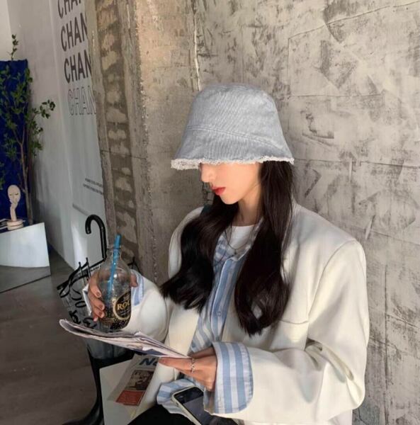 デニム　バケットハット　帽子　バケハ　レディース　UV対策　無地　ライトブルー　春夏　韓国ファッション