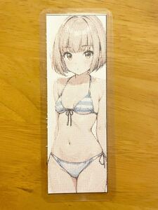 【ブックマーカー】 オリジナルイラスト フルカラーアスキーアート 水着の美少女 手貼りラミネート済み 50×148mm