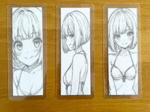 【ブックマーカー】 オリジナルイラスト モノクロアスキーアート 水着の美少女 手貼りラミネート済み 50×148mm 3点セット