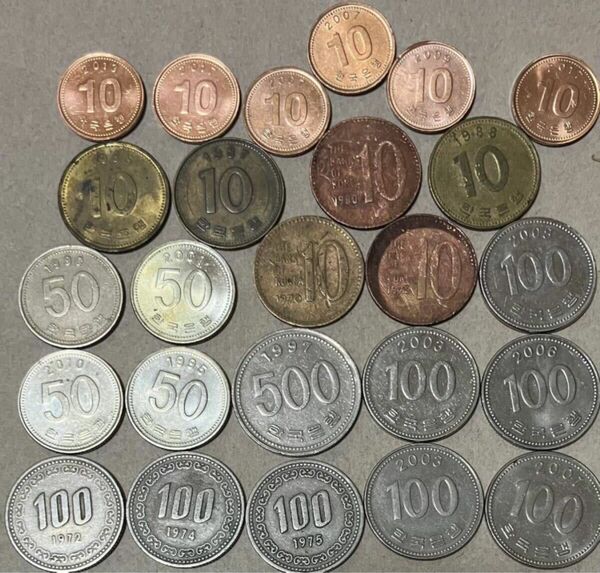 韓国コインまとめ　10ウォン　50ウォン　100ウォン　500ウォン　25枚　外国コインまとめ売り