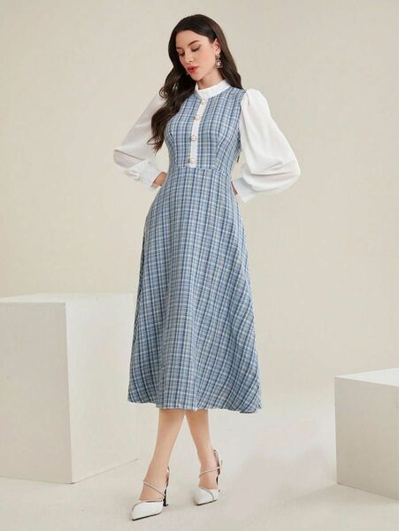 SHEIN Modely レディース スタンドカラーチェック柄 ワンピース L 