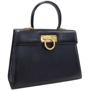 1円 ■ 美品 フェラガモ ハンドバッグ DD21 2181 ブラック系 レザー ガンチーニ Salvatore Ferragamo ■E.Cmpo.oR-26