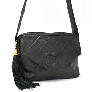 1円 ◎美品 CHANEL シャネル ショルダーバッグ マトラッセ ココマーク タッセル レザー ブラック◎E.Crue.oR-30