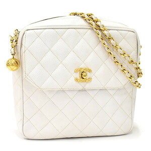 1円 ◎美品 CHANEL シャネル チェーンショルダーバッグ マトラッセ ココマーク レザー ホワイト◎E.Dsmi.lA-19