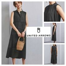 美品■ユナイテッドアローズ■パネル ドット ギャザー バンドカラー ワンピース フリー ブラック ロング マキシ UNITED ARROWS 定価25300円_画像1