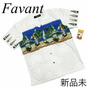 新品未■Favant■ビール ボトル アロハシャツ パームツリー ビアー S 白 ホワイト ブルー バドワイザー ミラー ハイネケン ファヴァント