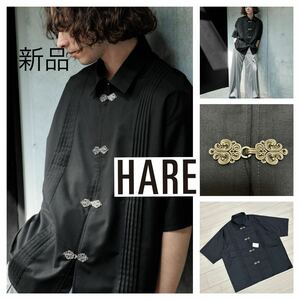 24ss 新品未■HARE ハレ■メタルボタン プリーツ オーバーサイズ シャツ F チャコールグレー フックシャツ ブラウス タック 定価12,980円