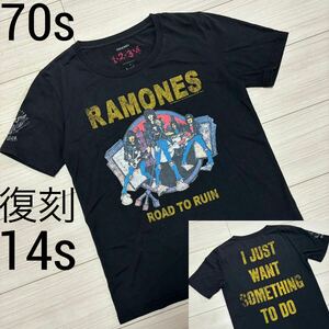 70s 復刻■RAMONES ラモーンズ■Road To Ruin Tシャツ M 黒 ブラック 1234 Lyric 2014コピーライト 公式 レプリカ バンT バンドTシャツ