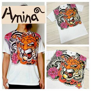 新品同様■チャイハネ amina■刺青 虎柄 ビッグ タイガー Tシャツ F 白 ホワイト オレンジ ピンク 花柄 ボタン 和柄 タトゥー 男女兼用