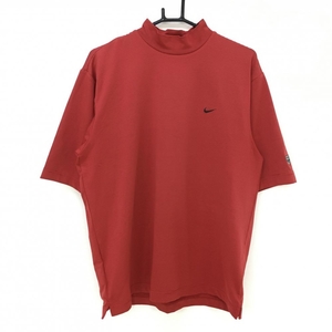 【超美品】ナイキ TIGER WOODS 半袖ハイネックシャツ レッド×ピンク 細ボーダー ストレッチ メンズ L ゴルフウェア NIKE