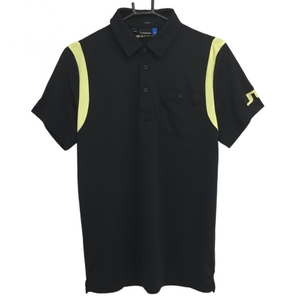 [ super-beauty goods ] J Lindberg polo-shirt with short sleeves black × yellow sleeve Logo print . pocket SLIMFIT men's S Golf wear J.LINDEBERG