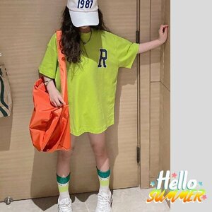 【5枚まとめ】 【新品】150cm ダンス 衣装 BIG Tシャツ tシャツ 女の子 ジュニア ロング丈 半袖 グリーン