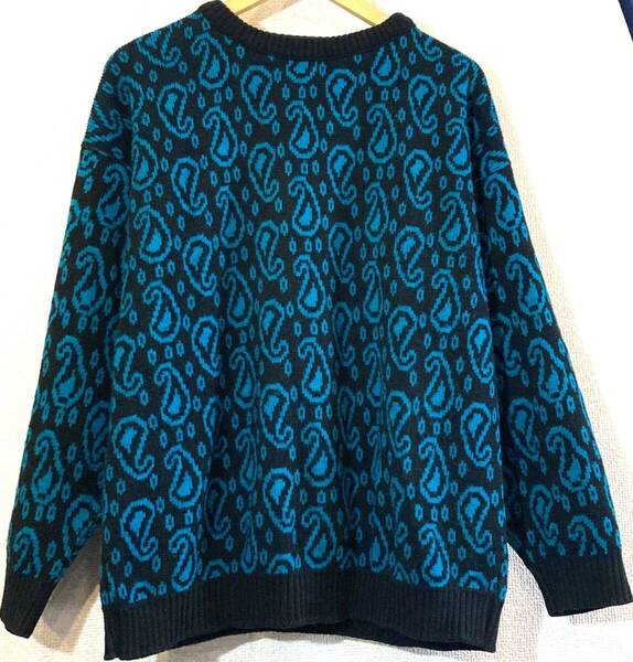 JAMENITS◯80'sVINTAGE◯ニット◯セーター◯総柄◯ペイズリー柄◯アクリル◯USA製◯ビンテージ◯ブラック◯グリーン◯黒緑