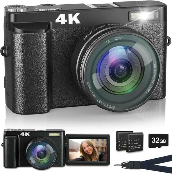 デジタルカメラ 4K デジカメ 4800万画素 オートフォーカス 1080P動画撮影 32gカード付