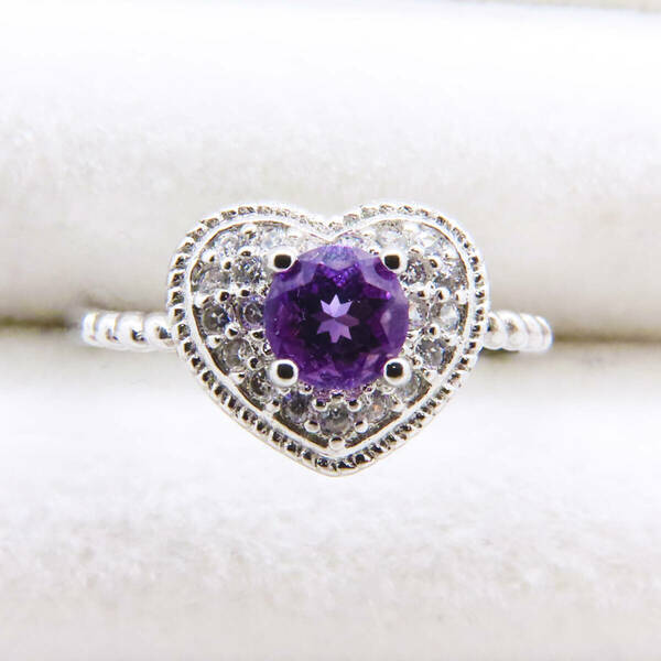 新品　アメジスト　ラウンドカット　紫水晶　指輪　リング　925　ダイヤモンド　シルバー　天然石　宝石　ヴィンテージ　ハート