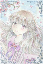 手描きイラスト オリジナル 原画 「桜の花と少女」額付き 額装済 はがきサイズ 透明水彩 ラメ入り_画像2
