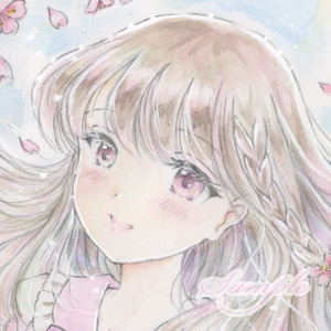 手描きイラスト オリジナル 原画 「桜の花と少女」額付き 額装済 はがきサイズ 透明水彩 ラメ入り