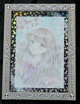 手描きイラスト オリジナル 原画 「桜の花と少女」額付き 額装済 はがきサイズ 透明水彩 ラメ入り_画像3