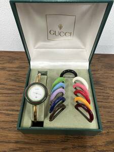 チェンジベゼル★GUCCI グッチ★12色 ゴールド色 11/12 ラウンド バングルウォッチ 白文字盤 箱付 中古 不動◆管No3762