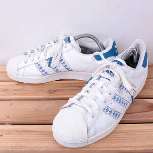 z2413 アディダス スーパースター US8 1/2 26.5cm/白 ホワイト 青 ブルー ロゴ柄 adidas SUPERSTAR メンズ スニーカー 中古