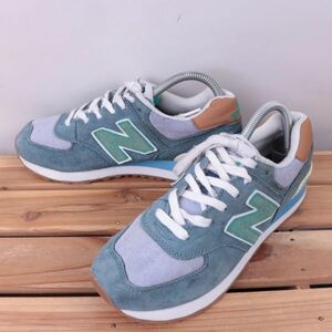 z2531【574】ニューバランス US7 25.0cm/青 ブルー 緑 グリーン キャメル newbalance メンズ ユニセックス スニーカー 中古