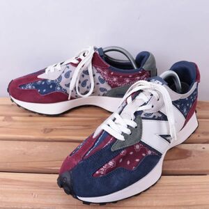 z2564【MS327DWU】ニューバランス US9 27.0cm/紺 ネイビー 赤 エンジ 白 ホワイト系 ペイズリー newbalance メンズ スニーカー 中古