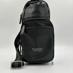 美品 BURBERRY BLACKLABEL バーバリーブラックレーベル ボディバッグ レザー ロゴ 4室 ブラック 本革 2way 三陽商会 ホース ノバチェック