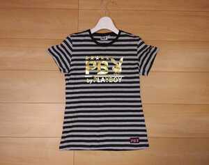 ★新品★プレイボーイ by PLAYBOY★ボーダー 柄★プリント Tシャツ★半袖 プルオーバー カットソー トップス 兎★ブラック 黒 グレー 160 M