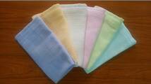 日本製綿100％ダブルガーゼタオル（フェイスタオル）6枚泉州白ピンク水色(ブルー）緑(グリーン）黄色 紫　綿紗　_画像1
