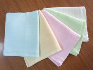 日本製 柔らかガーゼタオル（フェイスタオル）泉州　白　黄色　ピンク　水色　緑　綿紗5枚