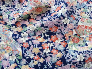 #.# старый ткань кимоно лоскут / - gire36×101 натуральный шелк .. маленький 4 сезон . цветок. порез ... темно синий воспитание имеется прекрасный товар шелк мир ткань . кукла крепдешиновое мастерство 