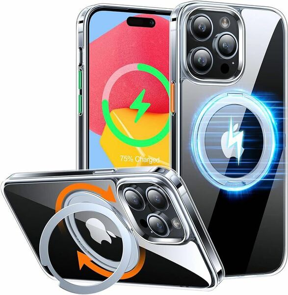 送料無料 TORRAS iPhone 15 Pro 用 ケース「多機能360度回転スタンド」縦横両対応 Halbachマグネット搭載 MagSafe対応 クリアケース