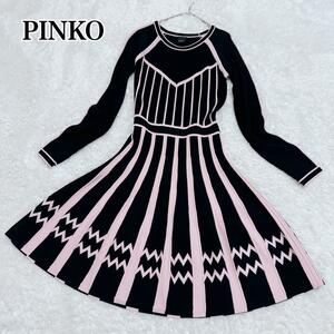 【極美品】PINKO　ピンコ　ワンピース　プリーツ　ストライプ　サマーニット　ブラック　BLACK　黒　ピンク　pink　長袖　Aライン　S