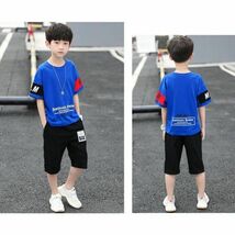 160 青 キッズ ジャージ セットアップ 男の子 半袖 ハーフパンツ 短パン　お子様　半ズボン　tシャツ　上下セット　ロゴ　ブラック_画像6