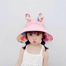 ピンク キッズ 帽子 ハット うさ耳 うさぎ 女の子 お子様 子供 UVカット　紫外線対策　顎紐付き　リバーシブル　花柄　フラワー_画像2