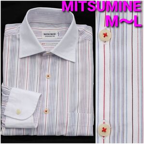 【美品】MITSUMINE クレリックシャツ メンズM～L ストライプ柄 ワイドカラー