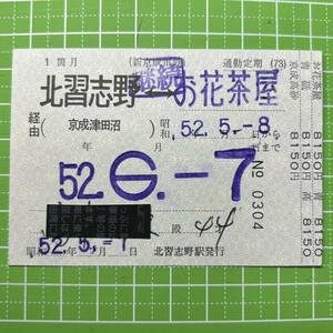 新京成電鉄 補充通勤定期券 北習志野駅発行 定期券 鉄道 乗車券 軟券 切符 きっぷ