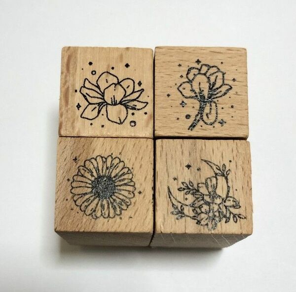 海外 木製 スタンプセット 4個　花と月　花