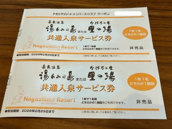 ナガシマリゾート共通入泉サービス券　2枚　長島温泉　湯あみの島またはなばなの里里の湯