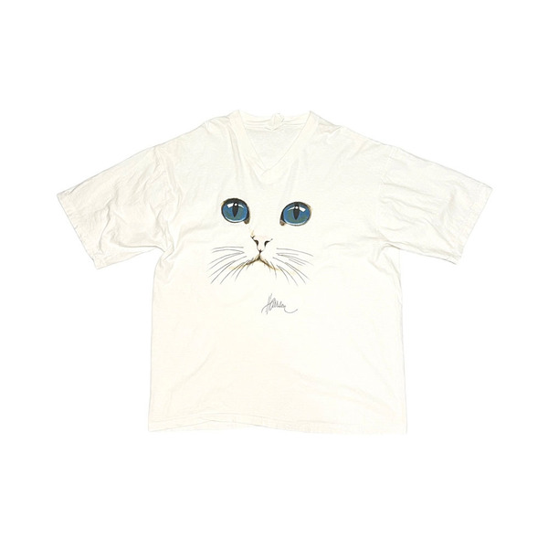 【送料無料】80s ネコ 猫 Vネック オーバーサイズ Tシャツ vintage US古着 パンク